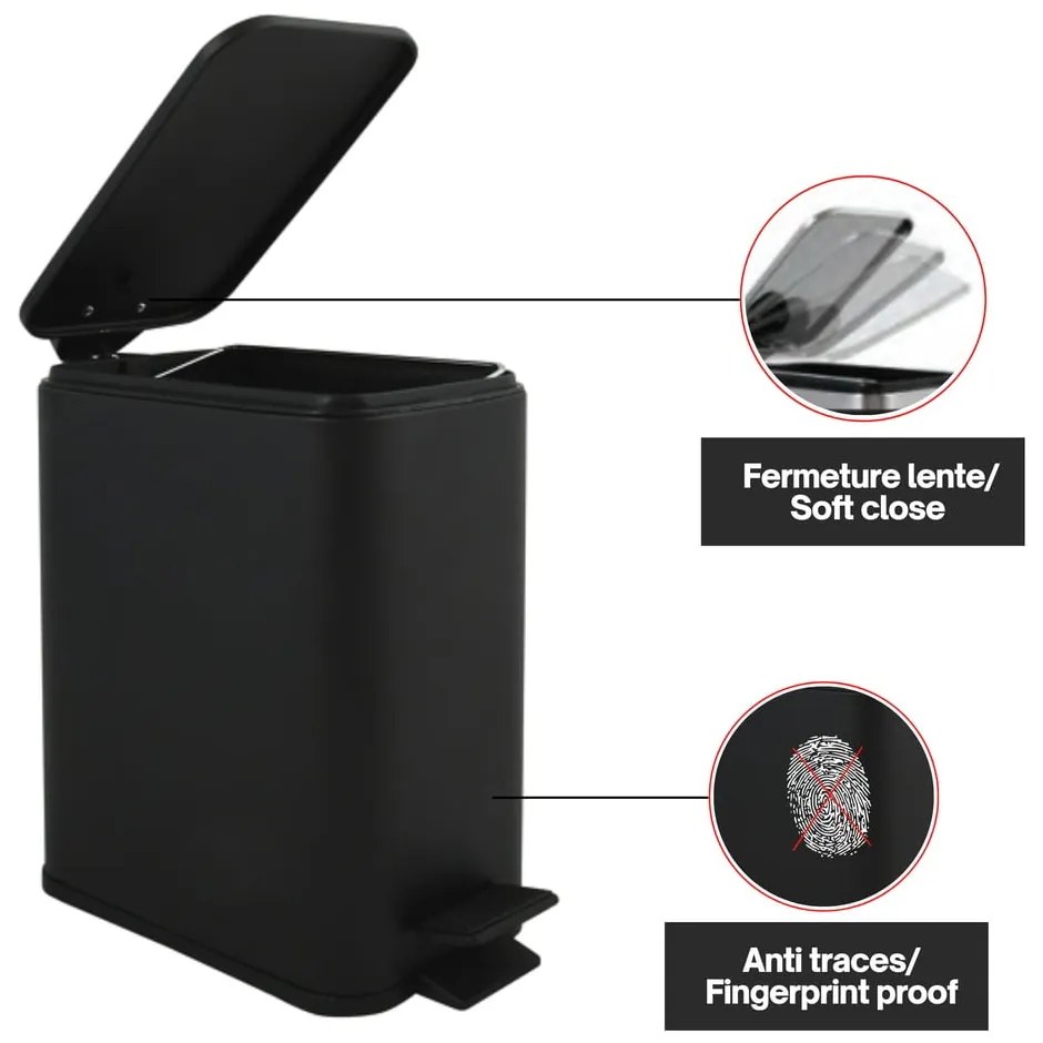 Matne čierny nášľapný oceľový odpadkový kôš 5 l Erik – Spirella