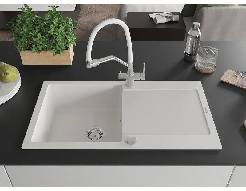 Mexen Leo, 1-komorový granitový drez 900x500x190 mm a drezová batéria Duo, biela, 6501-20-671701-02