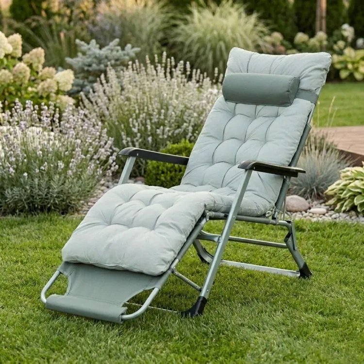 Záhradné plážové ležadlo 2 v 1 s vankúšom, opierkou hlavy, nastaviteľnou opierkou nôh, sivé