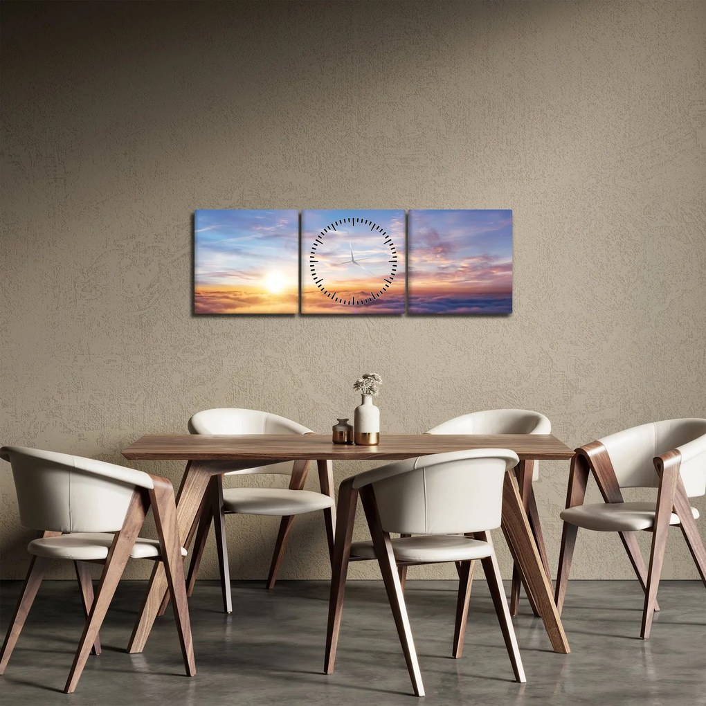 Obraz - Západ slnka nad mrakmi (s hodinami) (90x30 cm)