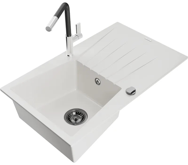 Mexen Cesar, 1-komorový granitový drez 775x470x190 mm a drezová batéria Flora, biela, 6514-20-670401-07-B