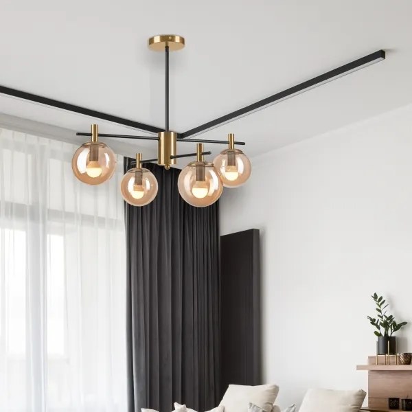 Luster na tyči LILOU 4xE14/5W/230V zlatá/čierna/dymová béžová