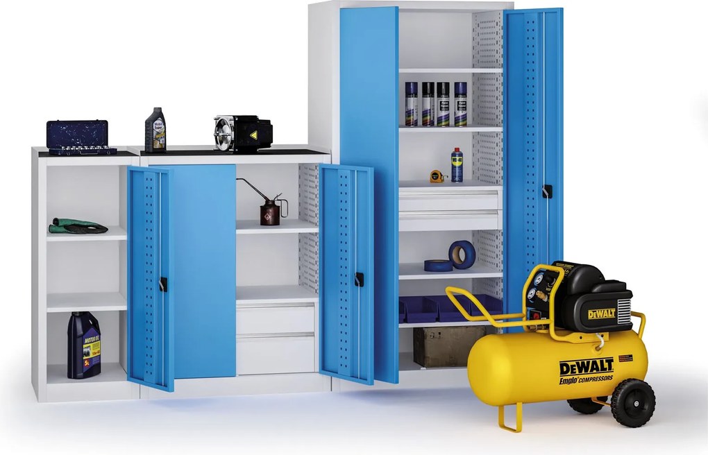 Policová dielenská skriňa na náradie KOVOS, perforovaný panel, 5 polic, 2 zásuvky, 950 x 600 x 1950 mm, modrá