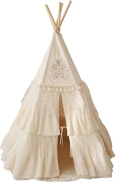 Boho stan teepee s volánikmi a výšivkou béžový
