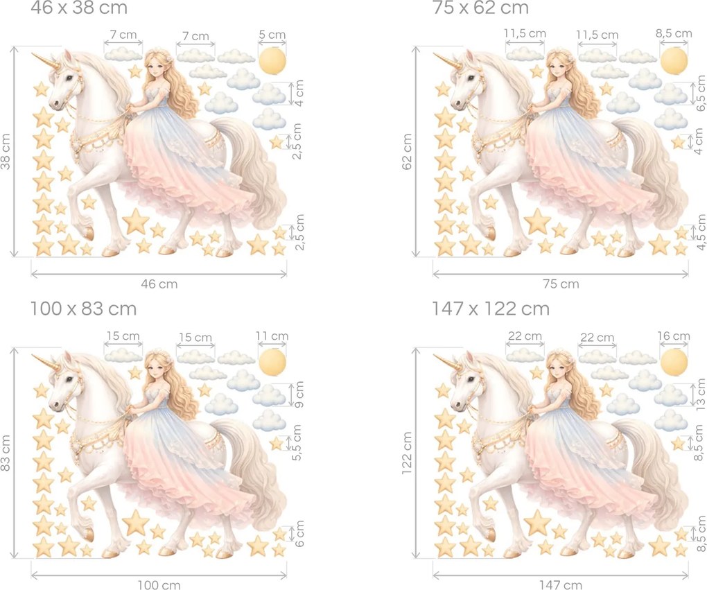 Princezná na bielom jednorožcovi textilné preliepateľné nálepky na stenu hárok 46 x 38 cm