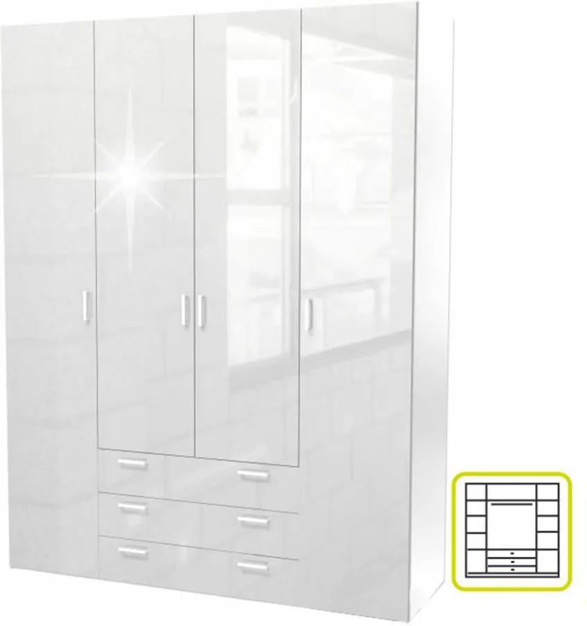 Skriňa, 4 - dverová, biela extra vysoký lesk HG, GWEN 70429
