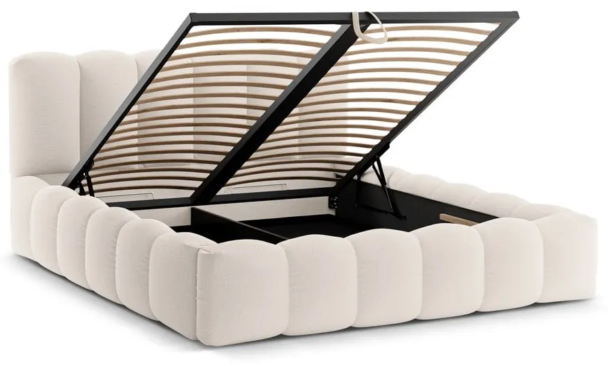 Krémová čalúnená dvojlôžková posteľ s úložným priestorom s roštom 200x200 cm Lupine – Micadoni
