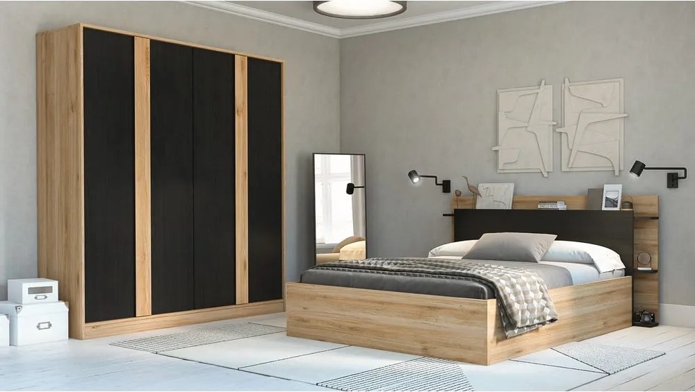 Šatníková skriňa v dekore duba v čierno-prírodnej farbe 180x197,5x53 cm Dennis – Marckeric