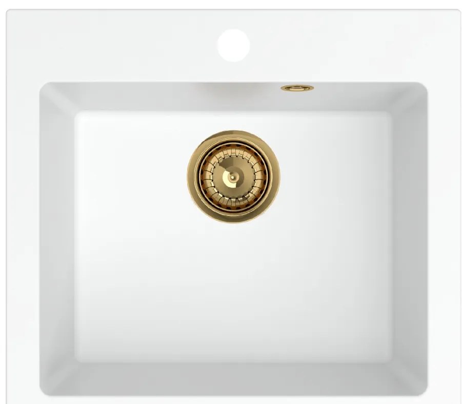 Sink Quality Ferrum 50, kuchynský granitový drez 490x450x195 mm + zlatý sifón, biela, SKQ-FER.W.1K50.XG