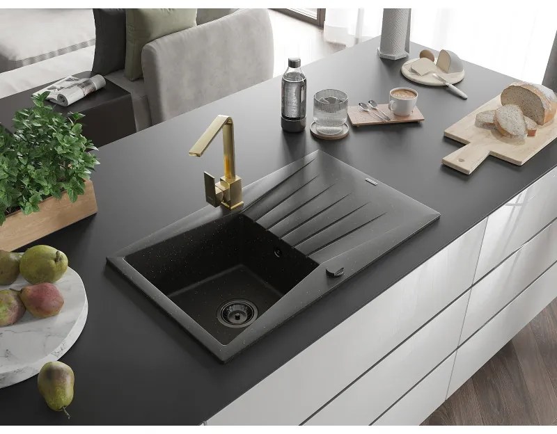Mexen Cesar, granitový drez 775x470x190 mm, 1-komorový, čierna-zlatá metalíza s čiernym sifónom a zlatá drezová batéria Rita, 6514-75-670300-50-B