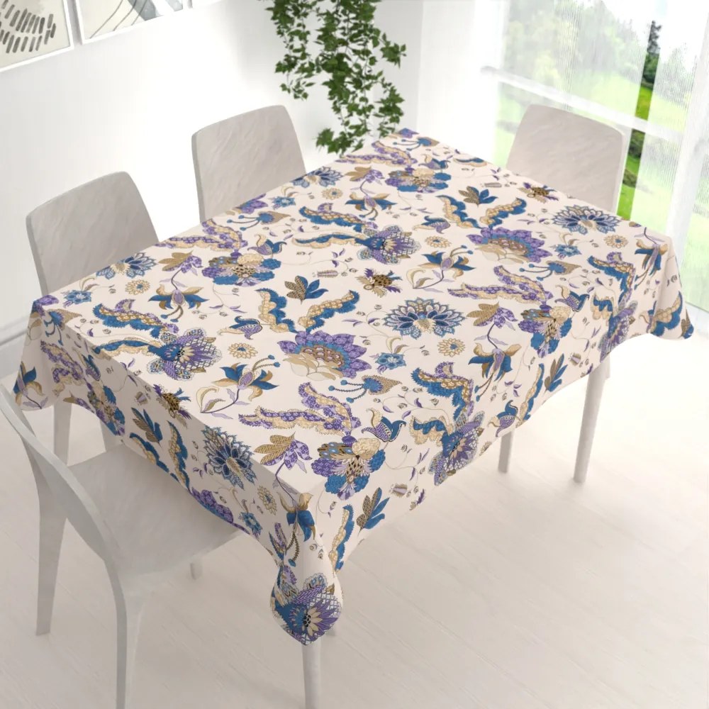 Biante Bavlnený obdĺžnikový obrus Sandra SA-539 Modro-fialové orientálne kvety na svetlo béžovom 60x100 cm