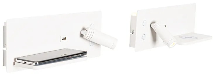Sada 2 nástenných svietidiel bielych vrátane LED s USB a indukčným nabíjaním - Riza