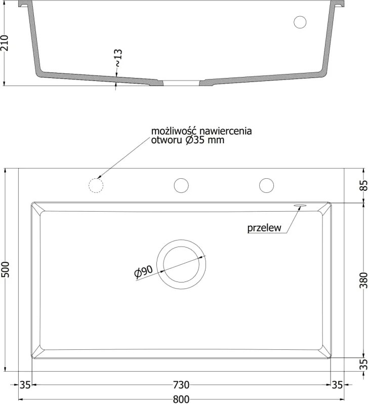 Mexen Elix žulový drez 1-komorový 800 x 500 mm, čierny, sifón chróm - 6527801005-77