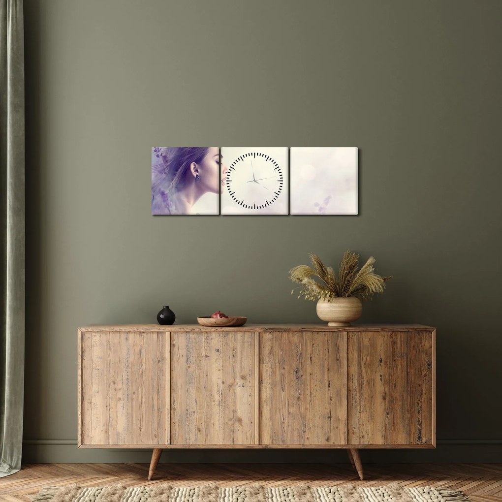 Obraz ženy s levanduľami (s hodinami) (90x30 cm)