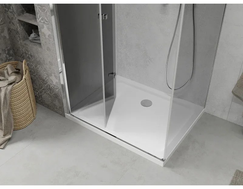 Mexen Lima, sprchový kút so skladacími dverami 70 (dvere) x 80 (stena) cm, 6mm šedé sklo, chrómový profil + slim sprchová vanička biela + chrómový sifón, 856-070-080-01-40-4010
