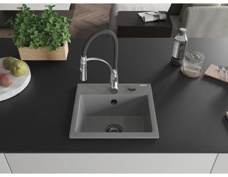 Mexen Milo, 1-komorový granitový drez 435x410x171 mm a drezová batéria Aster, šedá, 6505-71-73450-07-B