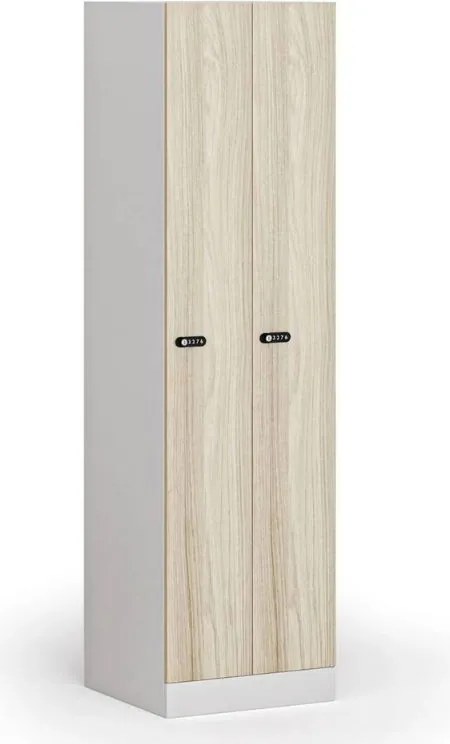 Kovová šatníková skrinka S1 zúžená, 2 oddiely, 1850 x 500 x 500 mm, demont, mechanický kódový zámok, laminované dvere, dub prírodný