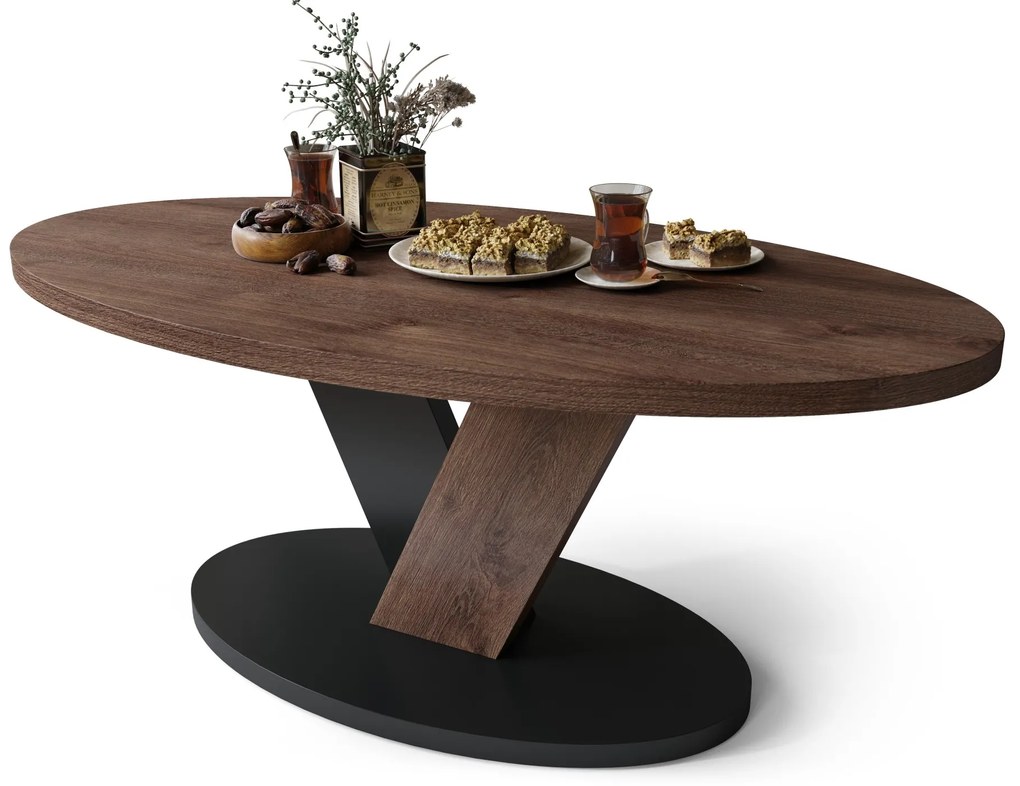 LOVA Hnedý dub/Čierny - OVÁLNY KONFERENČNÝ STOLÍK 110 × 60 cm MODERNÝ KÁVOVÝ STOLÍK