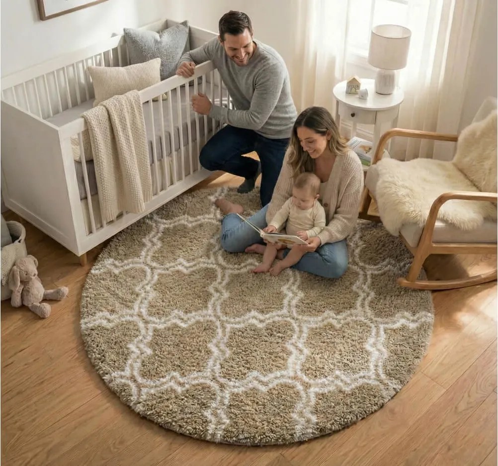 TZ Béžový okrúhly vzorovaný koberec shaggy Decor Latern Rozmer: 140 cm