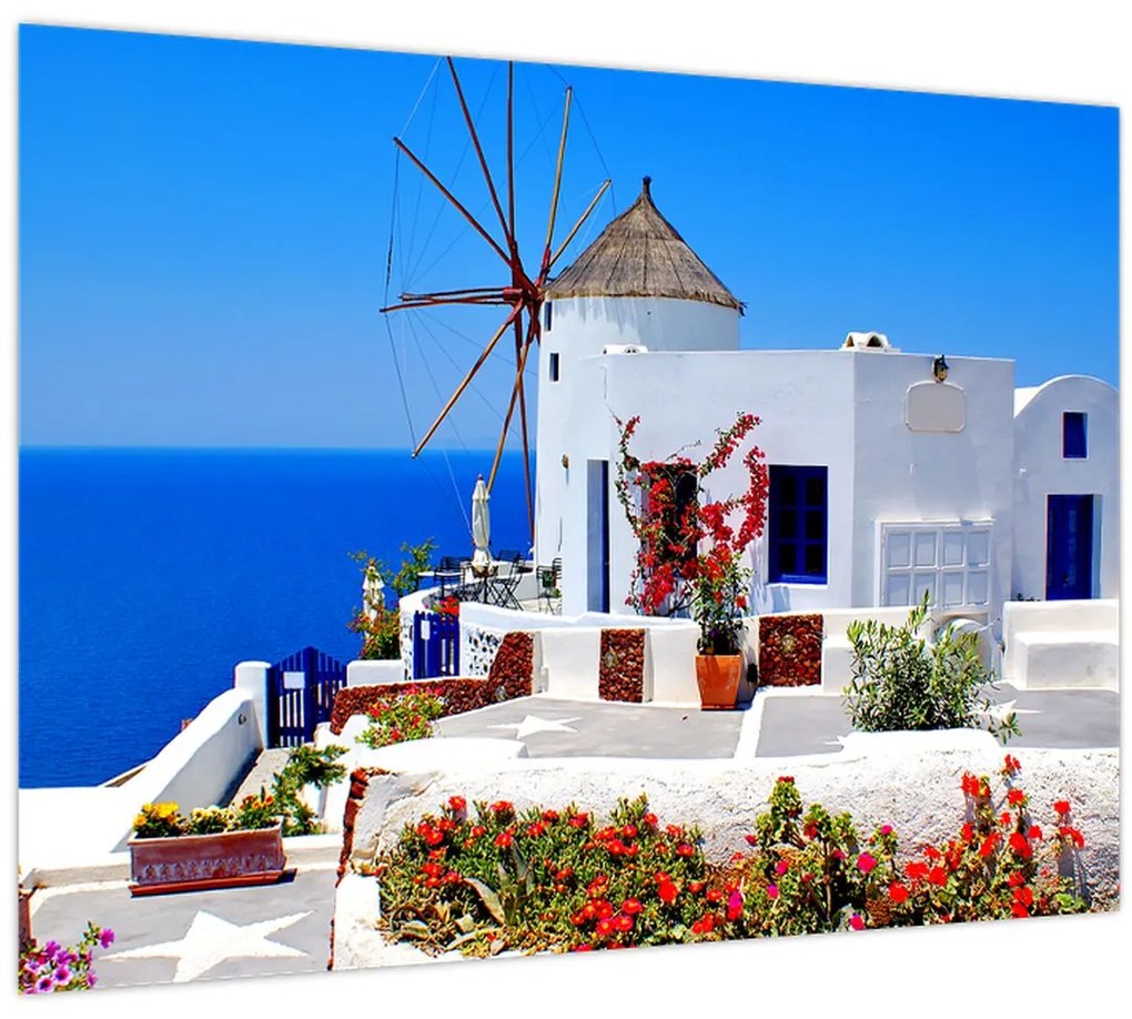 Sklenený obraz - Domček v Grécku (70x50 cm)