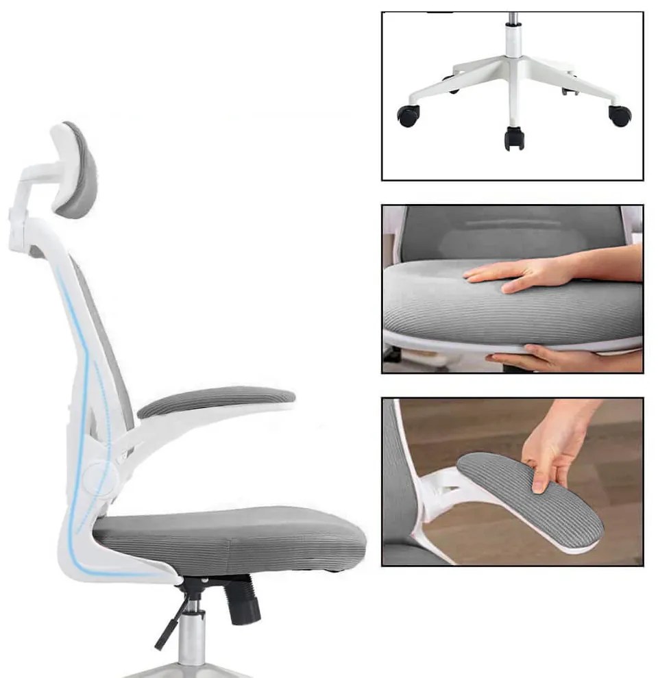 Ergonomická kancelárska stolička s bedrovou opierkou, opierkou hlavy, sivá