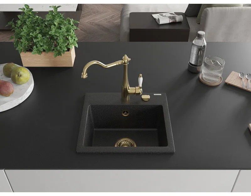 Mexen Milo, granitový drez 435x410x171 mm, 1-komorový a drezová batéria Carla, čierna-strieborná metalíza, 6505-73-670700-50