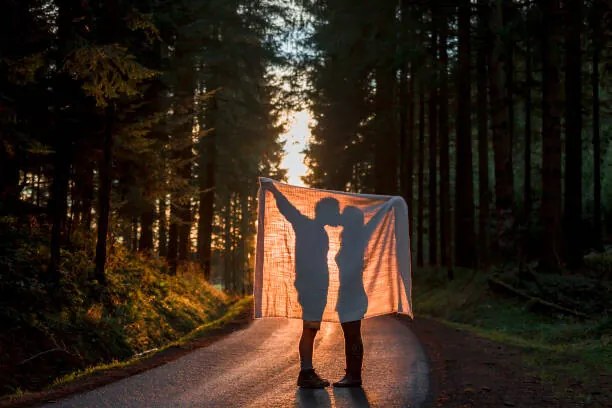 Umelecká fotografie Silhouette of couple holding blanket kissing, Westend61, (40 x 26.7 cm)