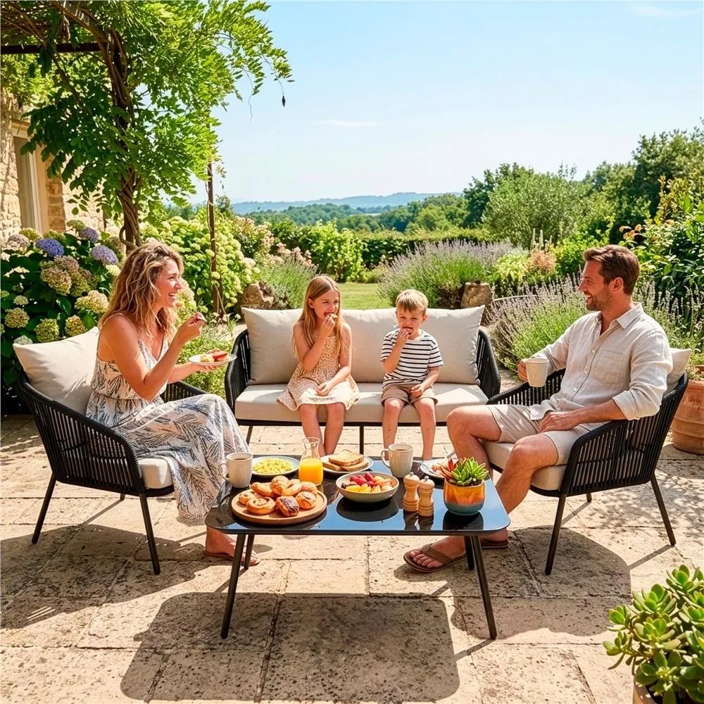 Záhradný nábytok na terasu – pohovka, kreslá a stolík Springos GF0116 čierno-béžová súprava