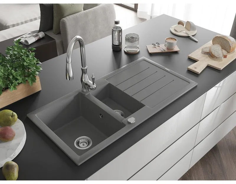 Mexen Andres, 1,5-komorový granitový drez 1000x500x200 mm a drezová batéria Savita, šedá, 6515-71-672601-00