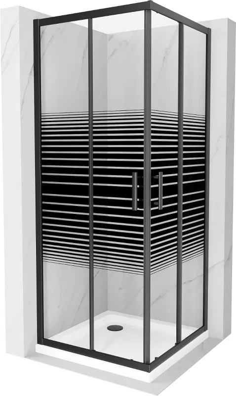 Mexen Rio, štvorcový sprchovací kút s posuvnými dverami 80(dvere) x 80(dvere) x 190 cm, 6mm číre sklo s pásikmi, čierny profil + biela sprchová vanička SLIM, 860-080-080-70-20-4010B