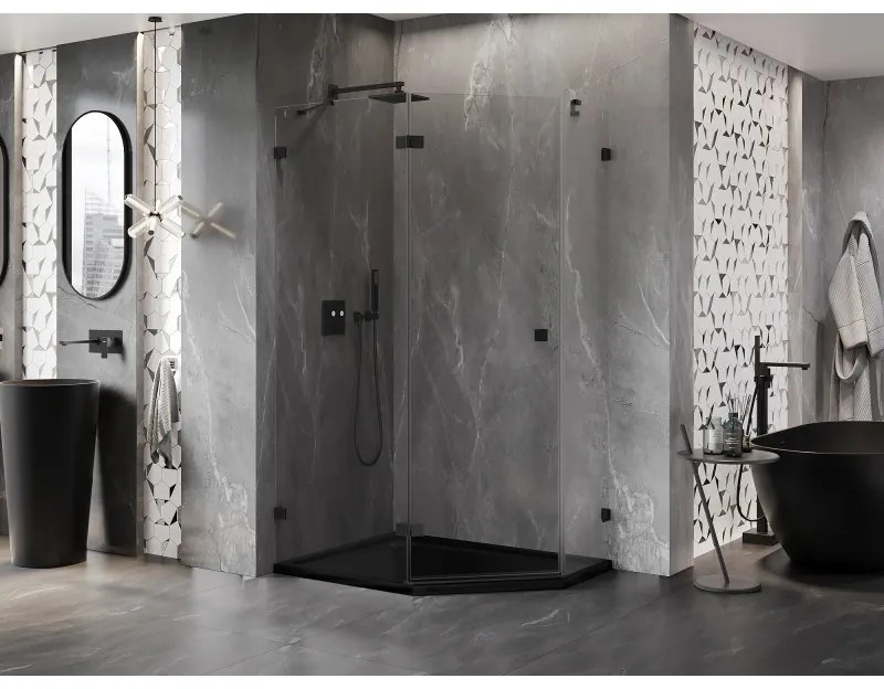 Mexen Lunar, Päťuholníkový sprchový kút Mexen Lunar naklápací doľava 100 x 80 cm, 8mm číre sklo, čierny profil, 831-100L-080P-70-00-L