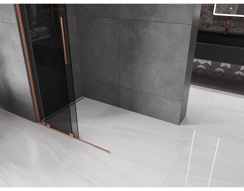 Mexen Velar, sprchová zástena s posuvnými dverami Walk-in 85 x 200 cm, 8mm šedé sklo, medená matná, 871-085-000-43-65