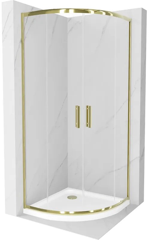 Mexen Rio, štvrťkruhový sprchovací kút s posuvnými dverami 90(dvere) x 90(dvere) x 190 cm, 6mm číre sklo, zlatý profil + biela sprchová vanička SLIM, 863-090-090-50-00-4110G