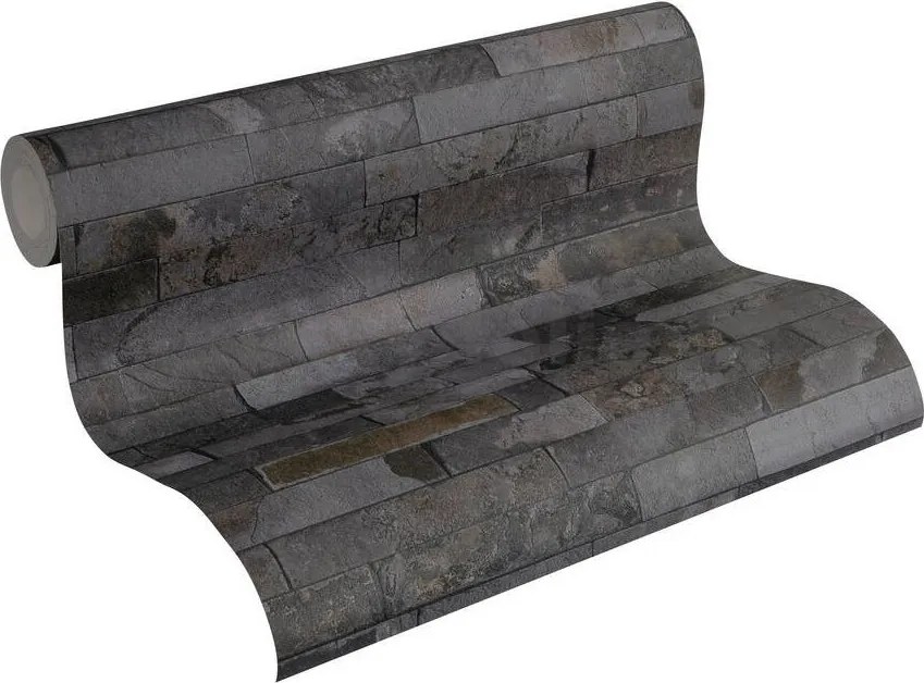 Vliesové tapety na stenu IMPOL 35582-5 Wood and Stone 2, obkladový kameň štiepaná bridlica sivo-čierna, rozmer 10,05 m x 0,53 m, A.S.Création