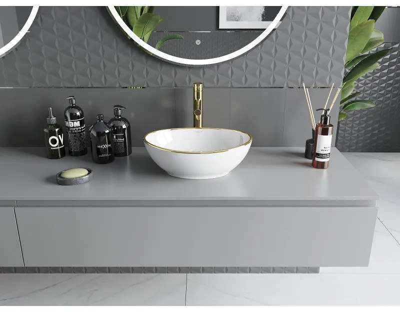 Mexen Elza, umývadlo na dosku 40,5x33 cm, biela-zlatý okraj, 21014005