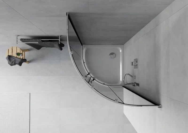 Mexen Rio, štvrťkruhový sprchovací kút s posuvnými dverami 80 x 80 cm, 6mm šedé sklo, chrómový profil + biela sprchová vanička, 863-080-080-01-40-4110
