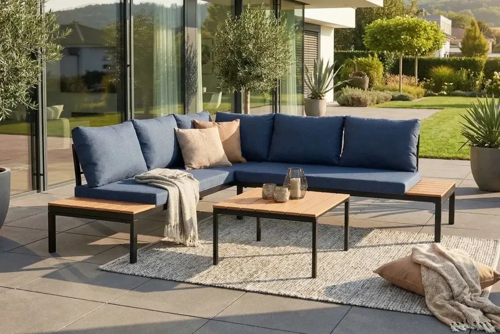 Modulárne záhradné sedenie Santorini Modré so stolíkom