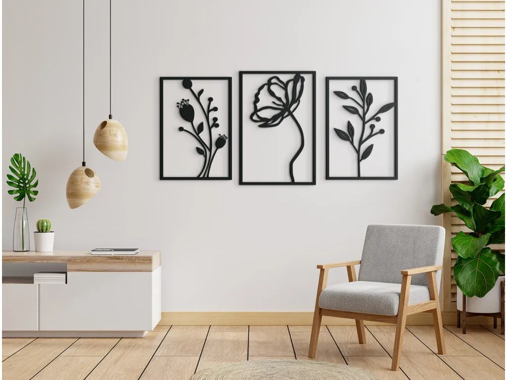 drevko 3-dielna drevená dekorácia Poľné kvety Rozmer obrazu: 31 x 65 cm, Farba dekorácie: Čierna