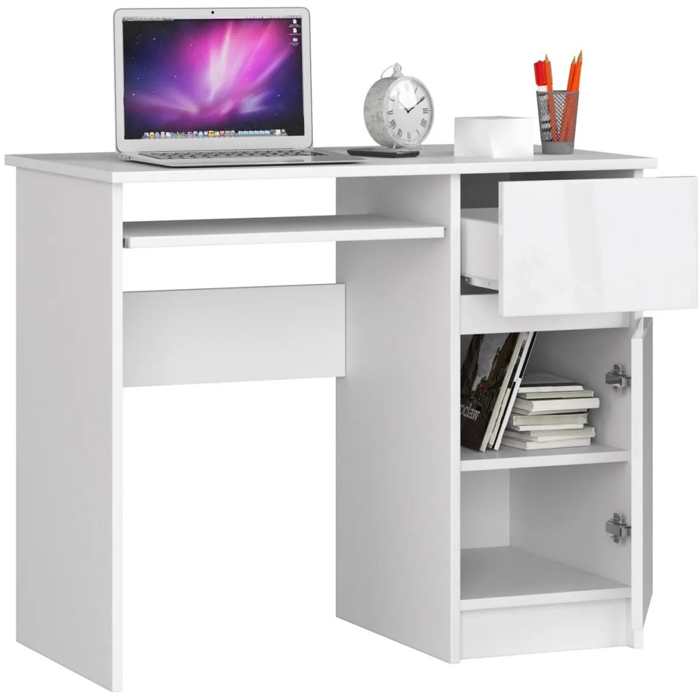 Písací stôl 90 cm Piksel biely pravý lesk
