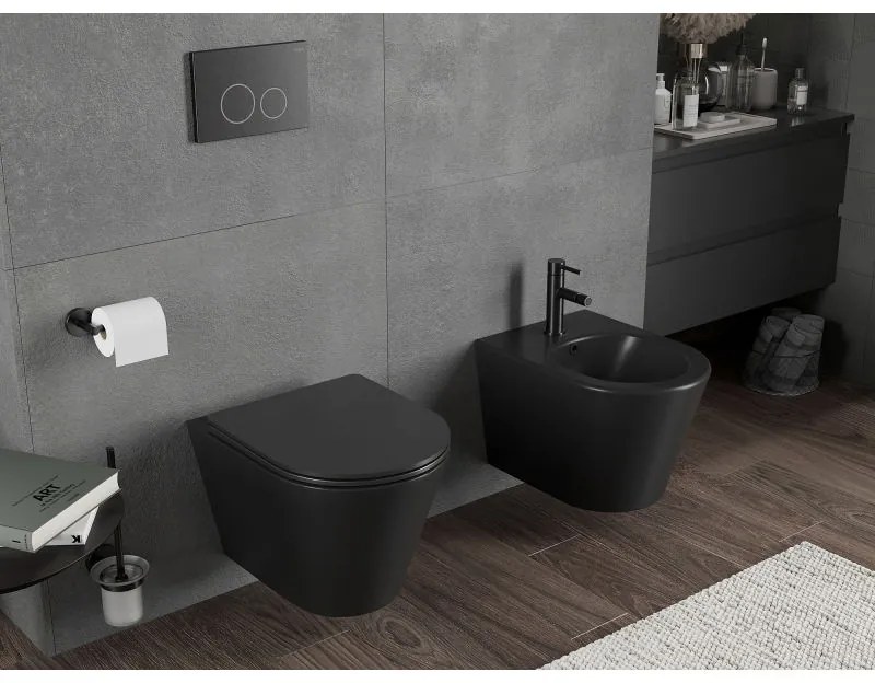 Mexen Rico, závesná WC misa 490x360x370 mm, Rimless Tornádo, čierna matná, 3372XX85T