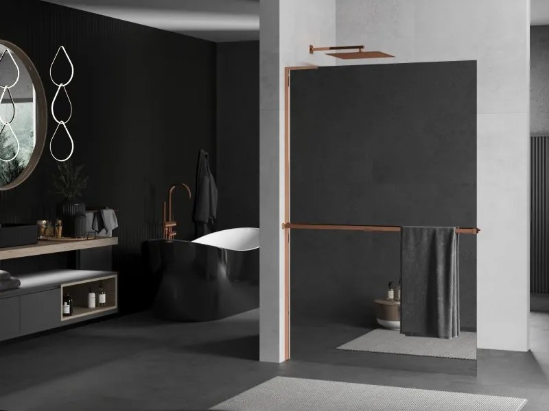 Mexen Kioto+ L, sprchová zástena Walk-In s poličkou a vešiakom 110 x 200 cm, 8mm sklo vzor zrkadlo, ružové zlato profil, 800-110-123-60-50
