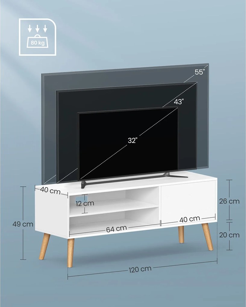 TV stolík, 120 cm široký TV nábytok, biely
