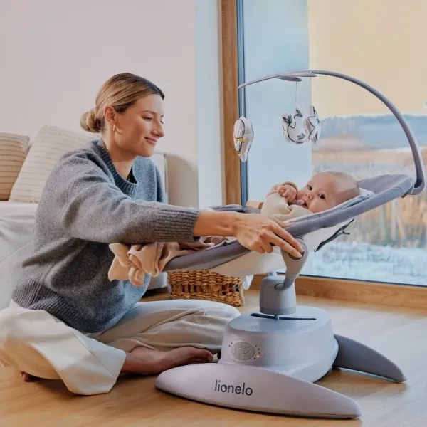 Lionelo - Detské hojdacie kresielko s melódiou MELL Beige Sand 4xAA + diaľkové ovládanie