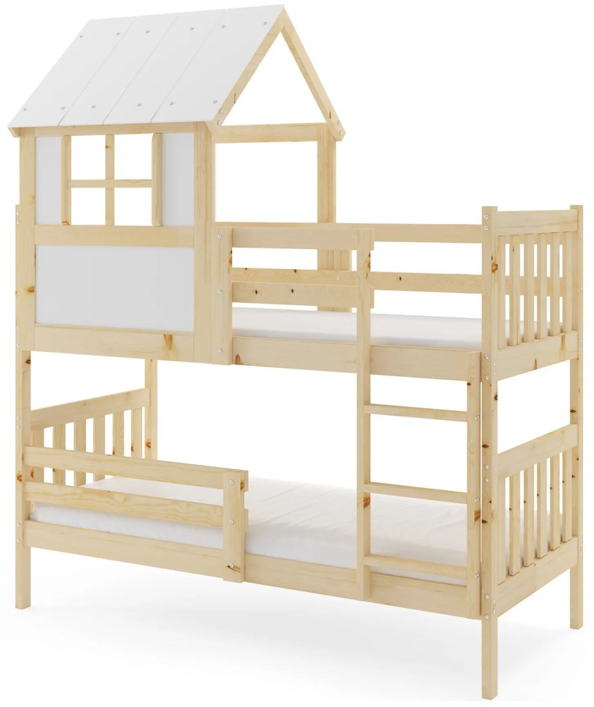 Poschodová posteľ s matracmi NATURAL 190×90 borovica + domčeková strieška