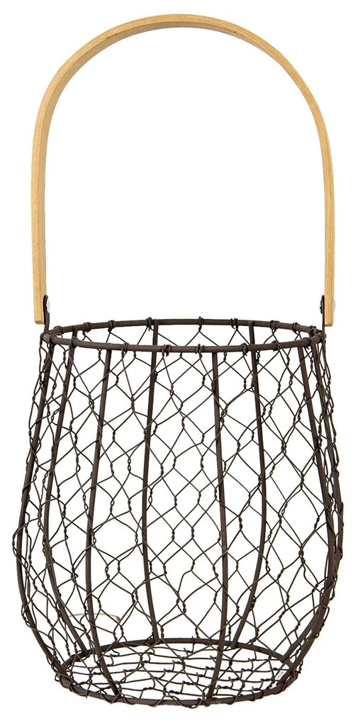 Hnedý drôtený košík s dreveným držadlom - Ø15*19/36 cm