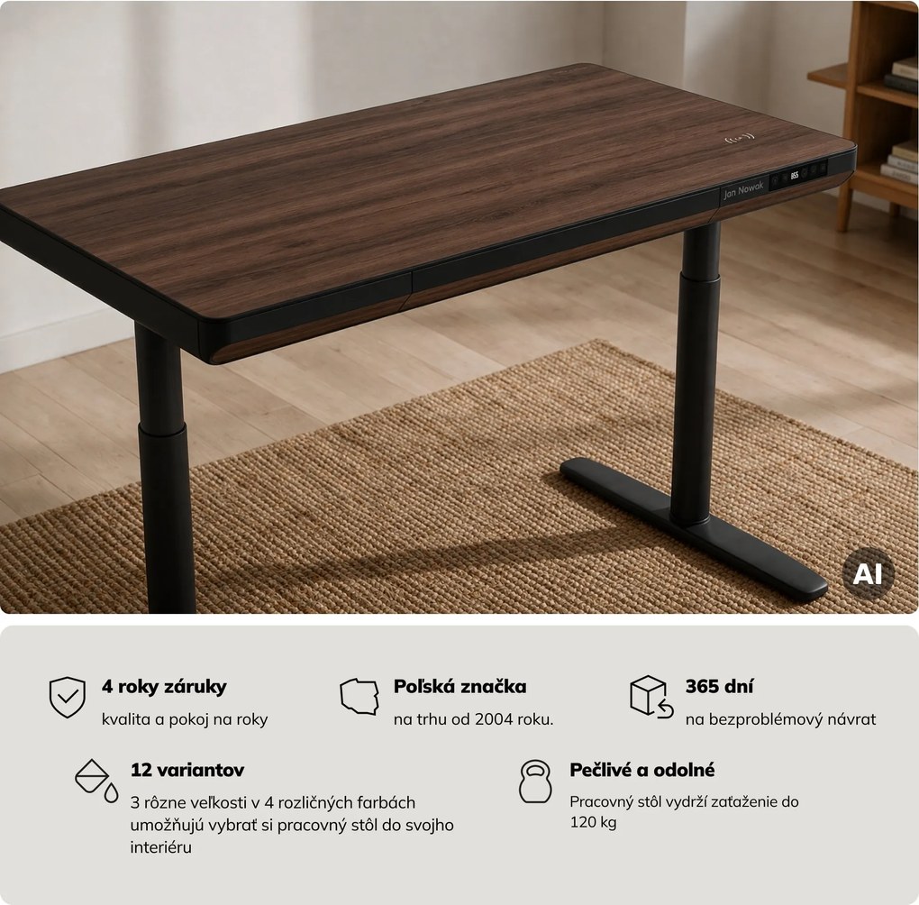 Elektrický písací stôl sit-stand so zásuvkou a bezdrôtovou nabíjačkou Qi čierny/orech, 1200 mm: ELLIS
