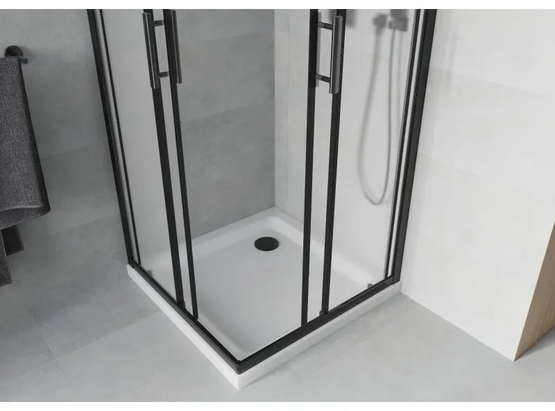 Mexen Rio, štvorcový sprchovací kút s posuvnými dverami 90(dvere) x 90(dvere) x 190 cm, 6mm sklo námraza, čierny profil + biela sprchová vanička SLIM, 860-090-090-70-30-4010B