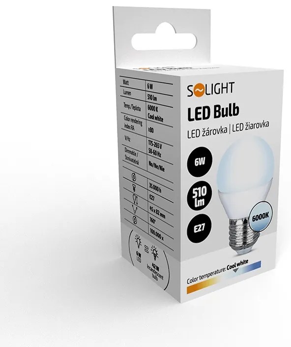SOLIGHT LED žiarovka miniglobe matná G45 6W, E27, 6000K, 510lm