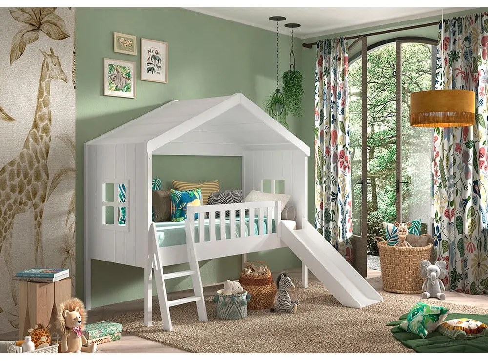 Biela domčeková/vyvýšená detská posteľ z borovicového dreva 90x200 cm Housebed – Vipack