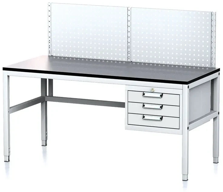 Alfa 3 Nastaviteľný dielenský stôl MECHANIC II s perfopanelom, 3 zásuvkový box na náradie, 1600x700x745-985 mm, sivá/sivá